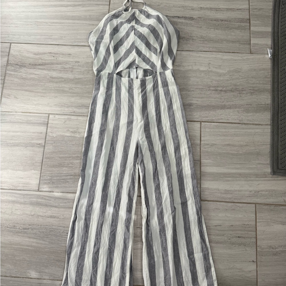 Karlie Gray & White Striped Halter Wide-Leg Jumpsuit